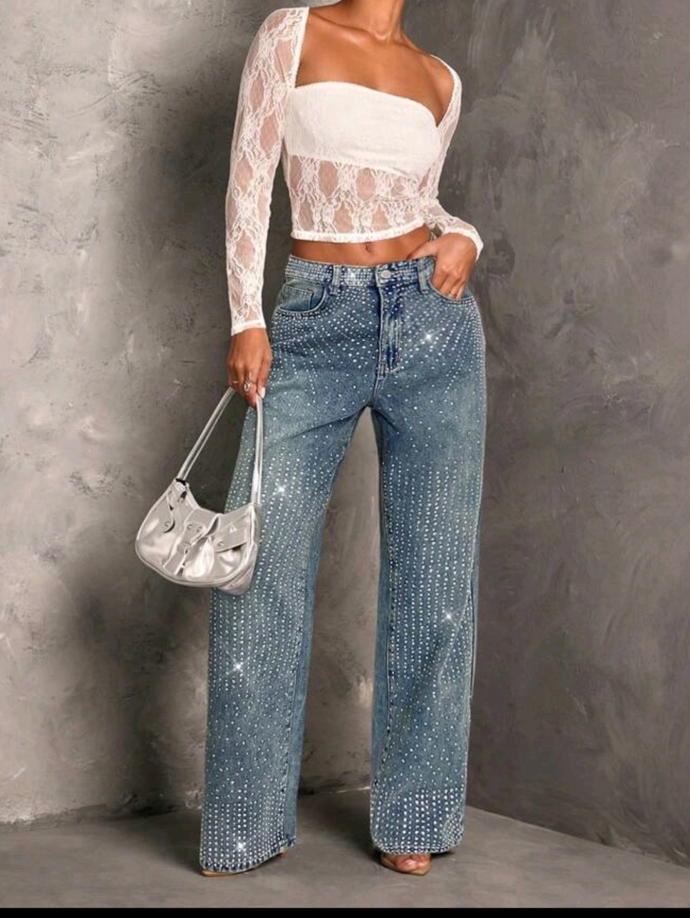 Rhinestone Embellished Wide-Leg Jeans - Blue - Picture 5 of 5